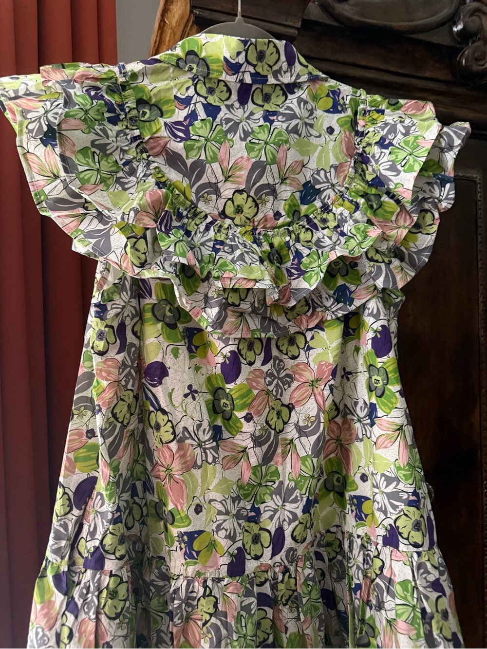 Entro ~ Women’s Floral Ruffle Mini Dress in Green, Pink & Purple - Picture 6 of 6